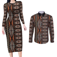 Malo e lelei Tonga Couples Matching Long Sleeve Bodycon Dress and Long Sleeve Button Shirt Tongan Ngatu Vintage Brown - Polynesian Pride