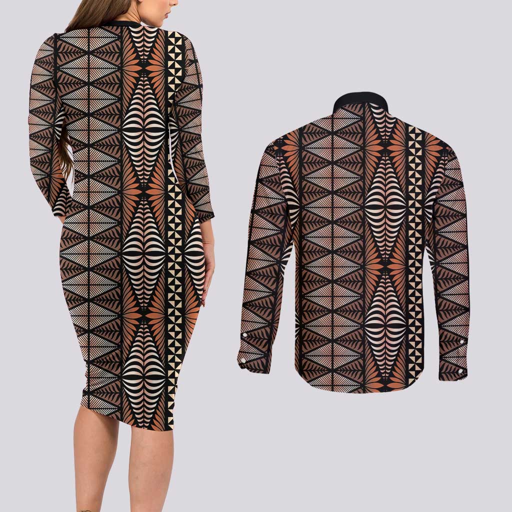 Malo e lelei Tonga Couples Matching Long Sleeve Bodycon Dress and Long Sleeve Button Shirt Tongan Ngatu Vintage Brown - Polynesian Pride