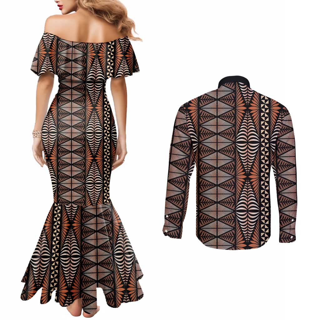 Malo e lelei Tonga Couples Matching Mermaid Dress and Long Sleeve Button Shirt Tongan Ngatu Vintage Brown - Polynesian Pride