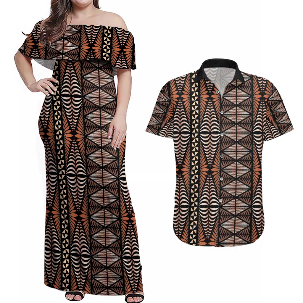Malo e lelei Tonga Couples Matching Off Shoulder Maxi Dress and Hawaiian Shirt Tongan Ngatu Vintage Brown - Polynesian Pride