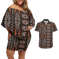 Malo e lelei Tonga Couples Matching Off Shoulder Short Dress and Hawaiian Shirt Tongan Ngatu Vintage Brown - Polynesian Pride