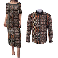 Malo e lelei Tonga Couples Matching Puletasi and Long Sleeve Button Shirt Tongan Ngatu Vintage Brown LT14 Brown - Polynesian Pride