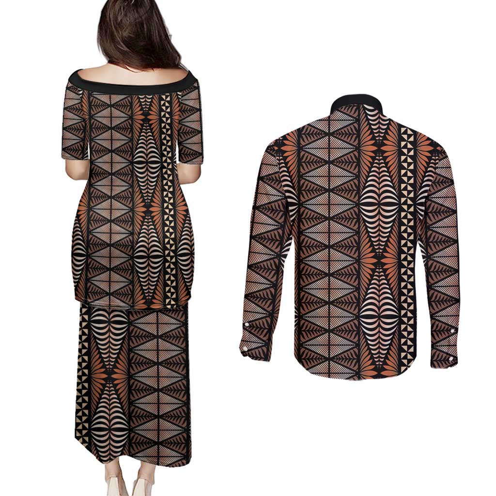 Malo e lelei Tonga Couples Matching Puletasi and Long Sleeve Button Shirt Tongan Ngatu Vintage Brown LT14 - Polynesian Pride