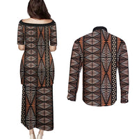 Malo e lelei Tonga Couples Matching Puletasi and Long Sleeve Button Shirt Tongan Ngatu Vintage Brown LT14 - Polynesian Pride