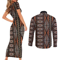 Malo e lelei Tonga Couples Matching Short Sleeve Bodycon Dress and Long Sleeve Button Shirt Tongan Ngatu Vintage Brown - Polynesian Pride