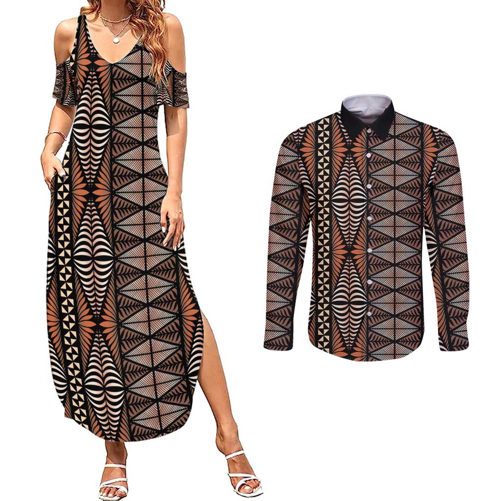 Malo e lelei Tonga Couples Matching Summer Maxi Dress and Long Sleeve Button Shirt Tongan Ngatu Vintage Brown - Polynesian Pride