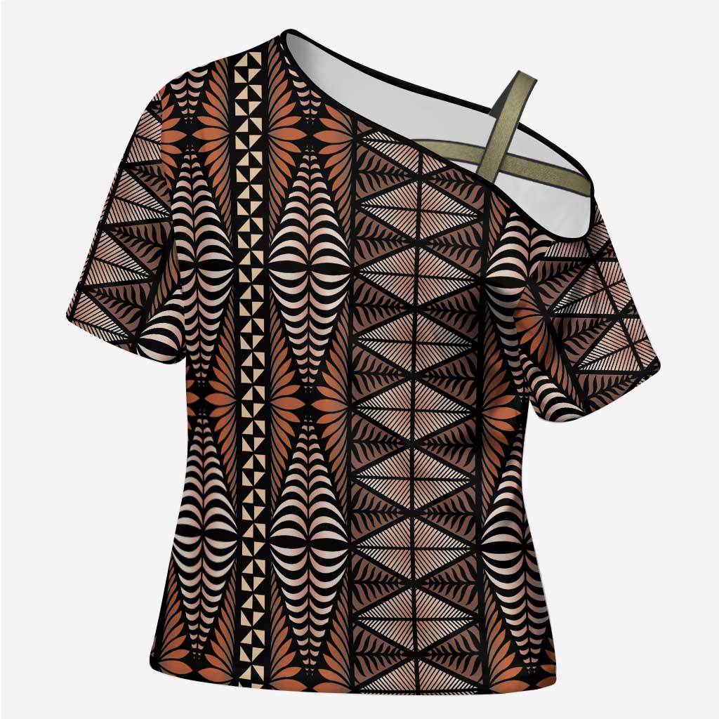 Malo e lelei Tonga Cross Shoulder Shirt Tongan Ngatu Vintage Brown LT14 Female Brown - Polynesian Pride