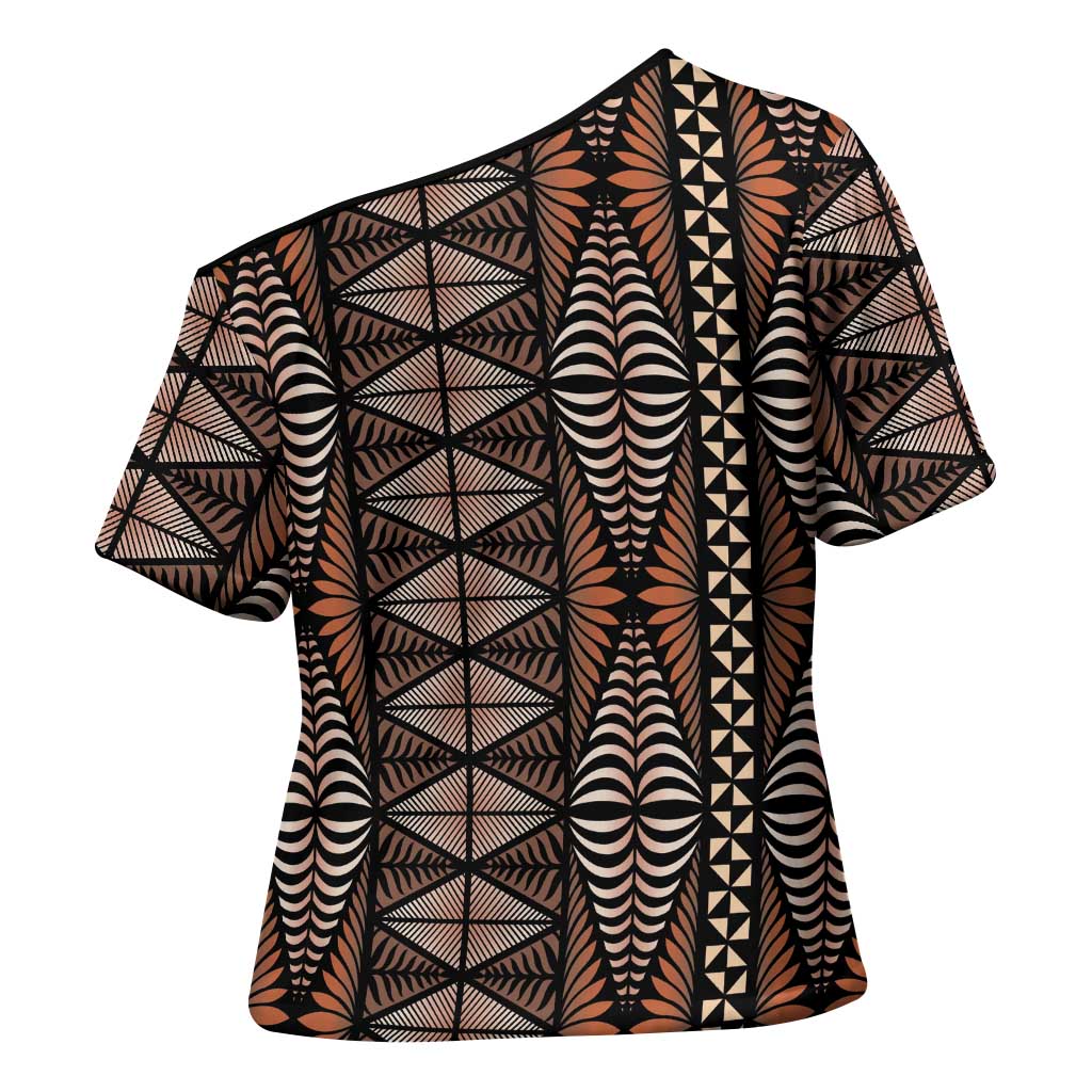 Malo e lelei Tonga Cross Shoulder Shirt Tongan Ngatu Vintage Brown LT14 - Polynesian Pride