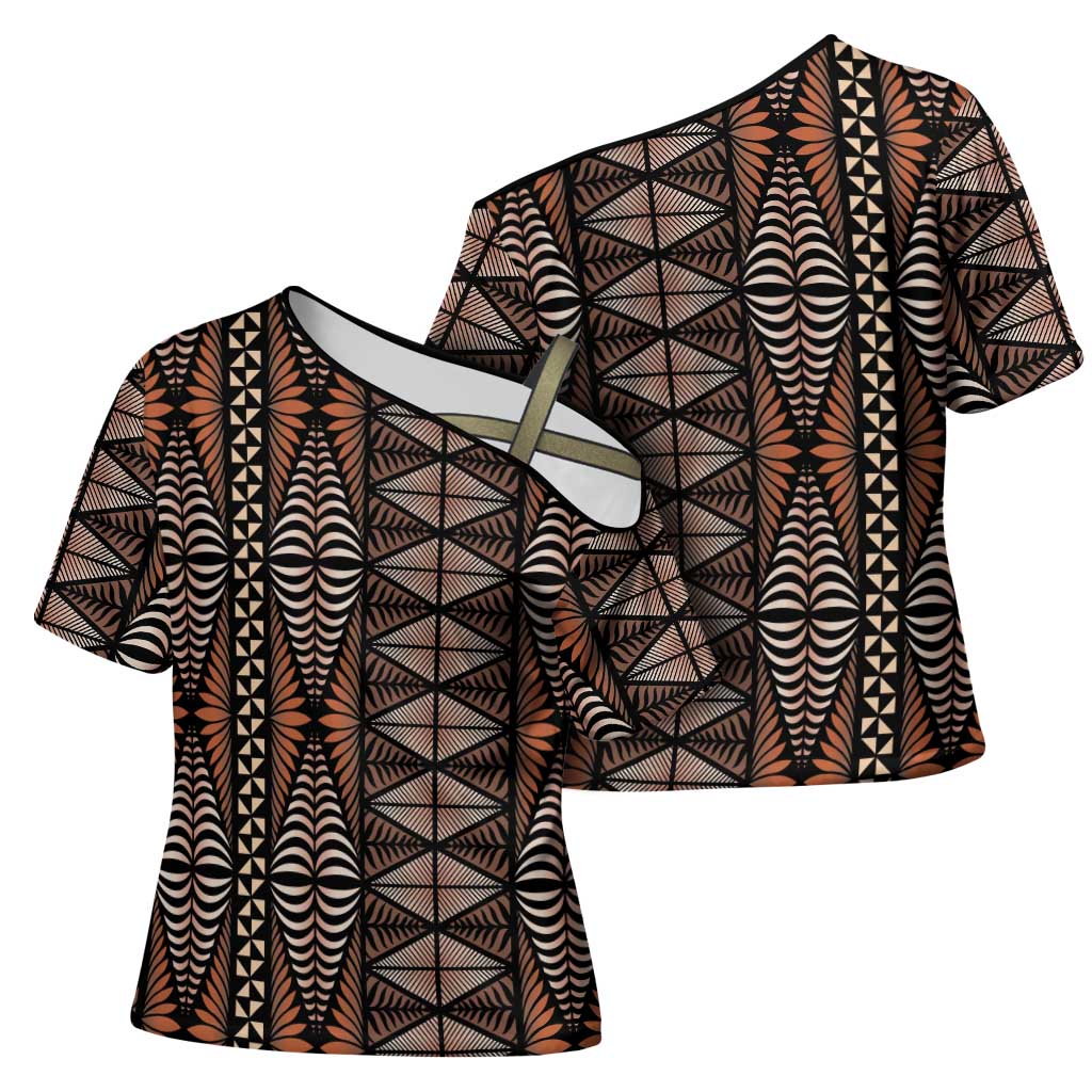 Malo e lelei Tonga Cross Shoulder Shirt Tongan Ngatu Vintage Brown LT14 - Polynesian Pride