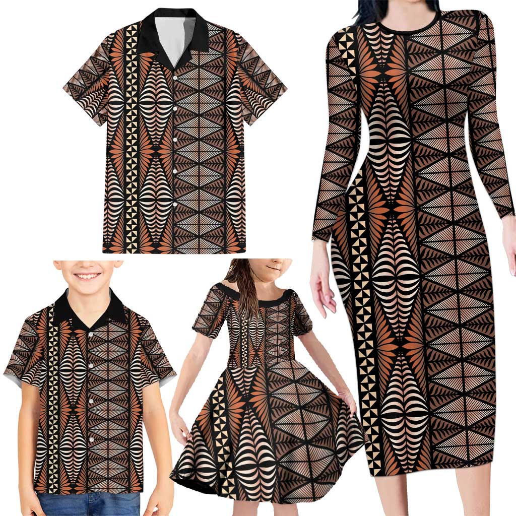 Malo e lelei Tonga Family Matching Long Sleeve Bodycon Dress and Hawaiian Shirt Tongan Ngatu Vintage Brown - Polynesian Pride