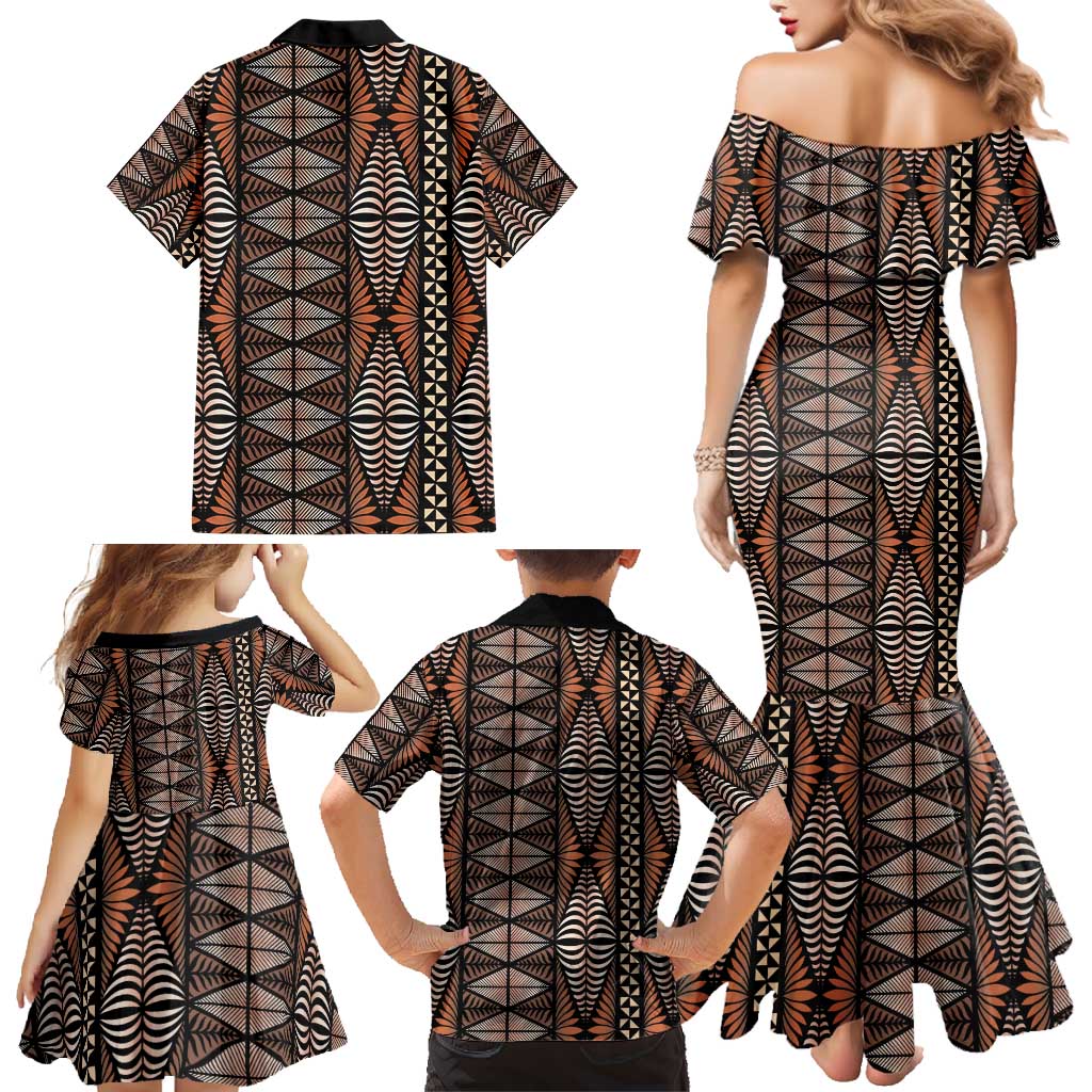 Malo e lelei Tonga Family Matching Mermaid Dress and Hawaiian Shirt Tongan Ngatu Vintage Brown - Polynesian Pride
