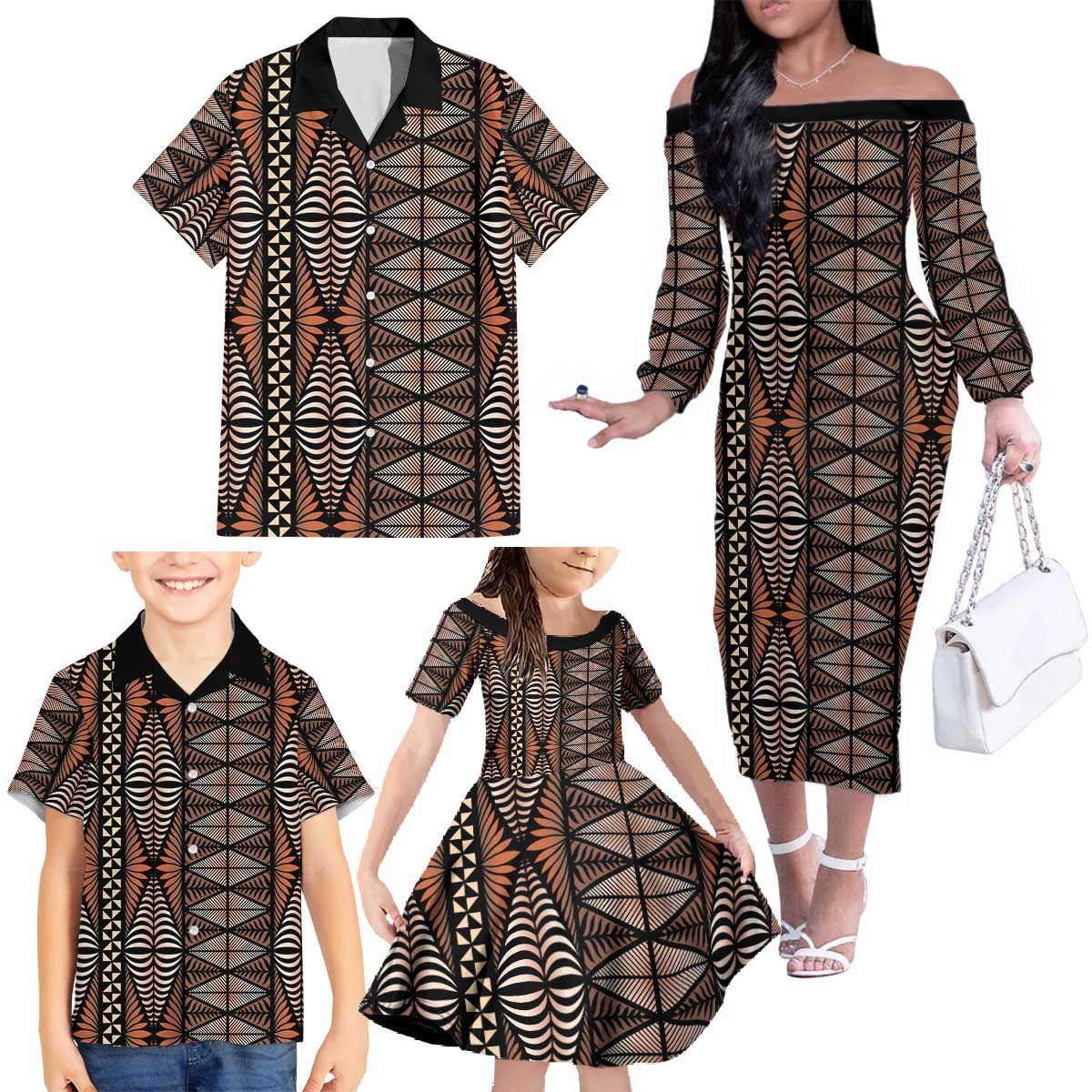 Malo e lelei Tonga Family Matching Off The Shoulder Long Sleeve Dress and Hawaiian Shirt Tongan Ngatu Vintage Brown - Polynesian Pride