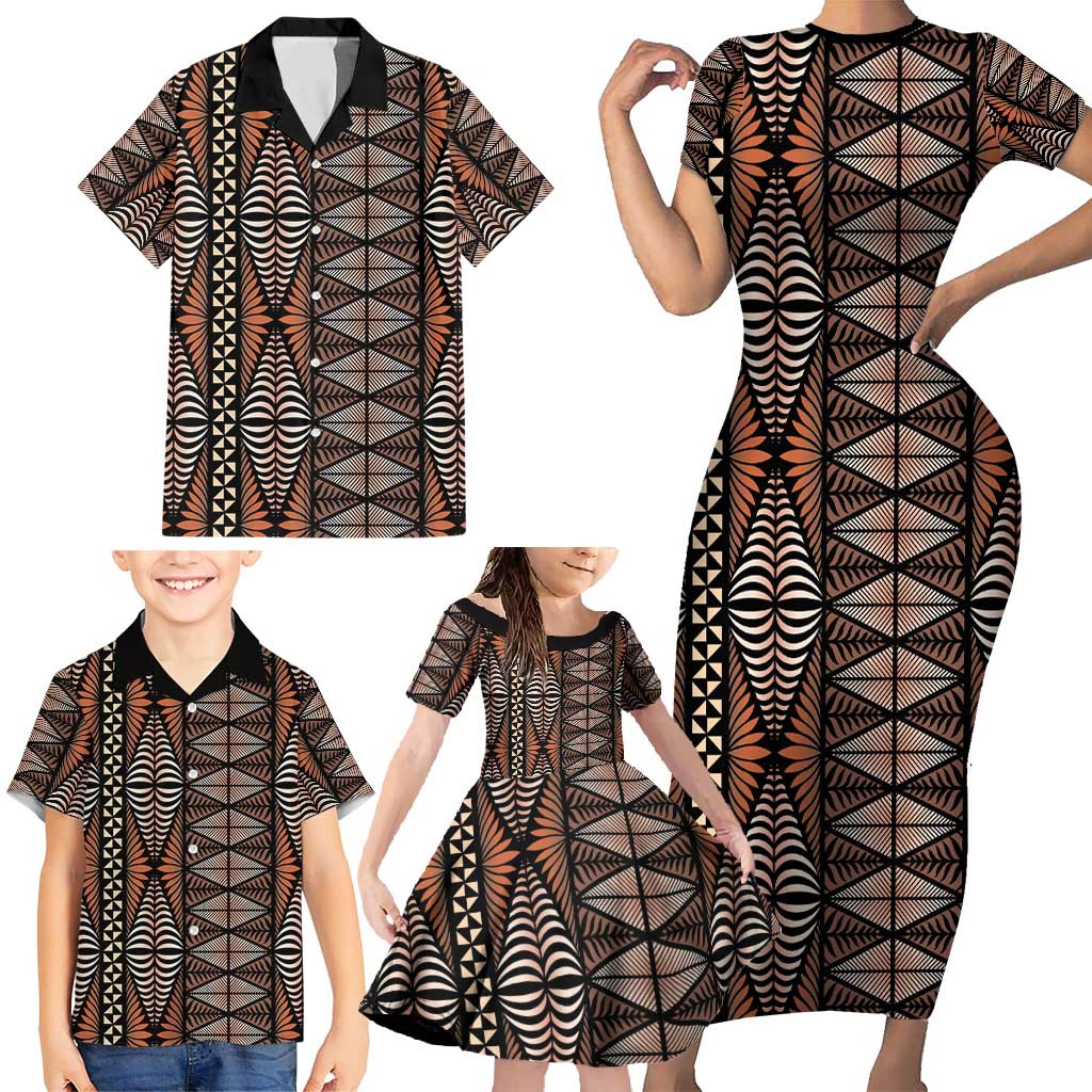 Malo e lelei Tonga Family Matching Short Sleeve Bodycon Dress and Hawaiian Shirt Tongan Ngatu Vintage Brown - Polynesian Pride