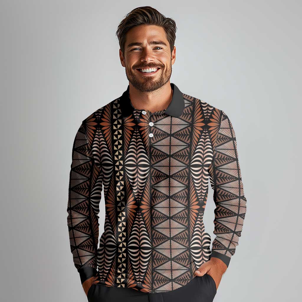 Malo e lelei Tonga Long Sleeve Polo Shirt Tongan Ngatu Vintage Brown - Polynesian Pride
