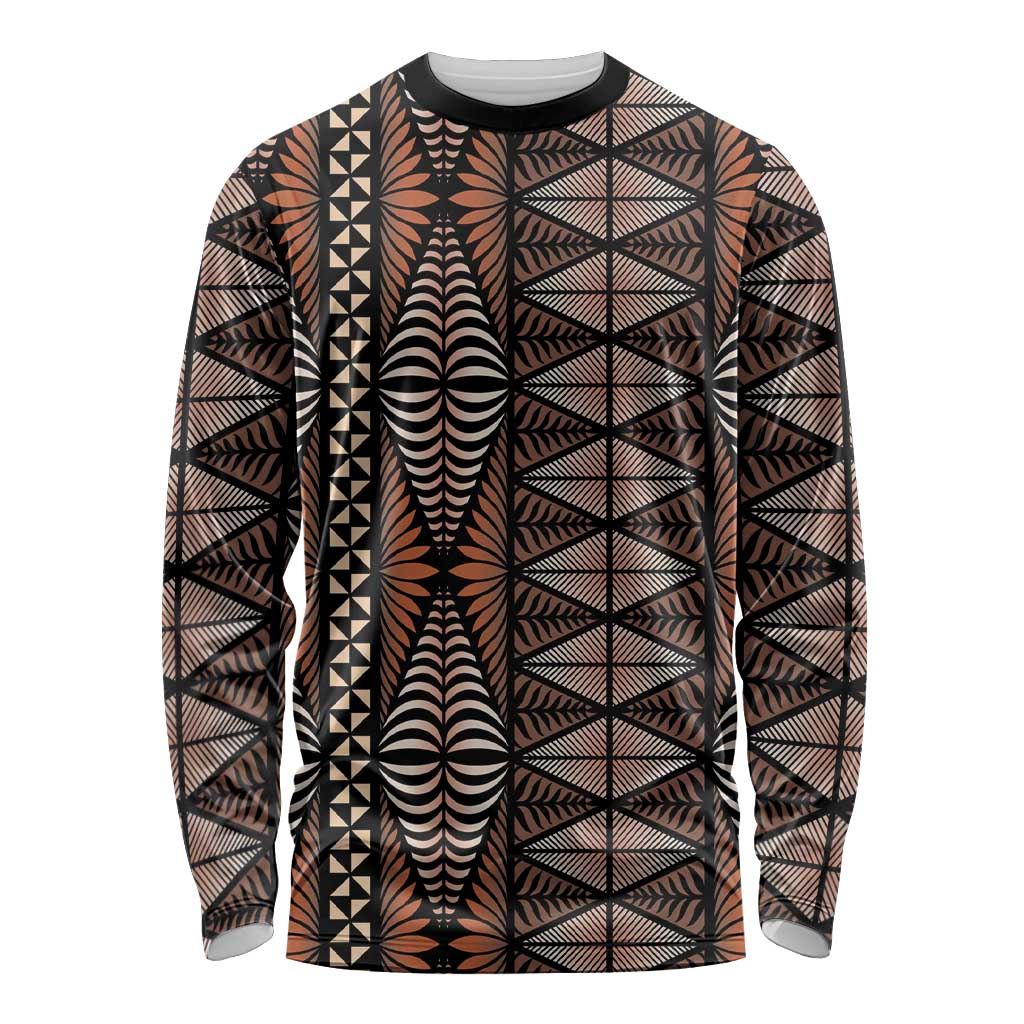 Malo e lelei Tonga Long Sleeve Shirt Tongan Ngatu Vintage Brown LT14 Unisex Brown - Polynesian Pride