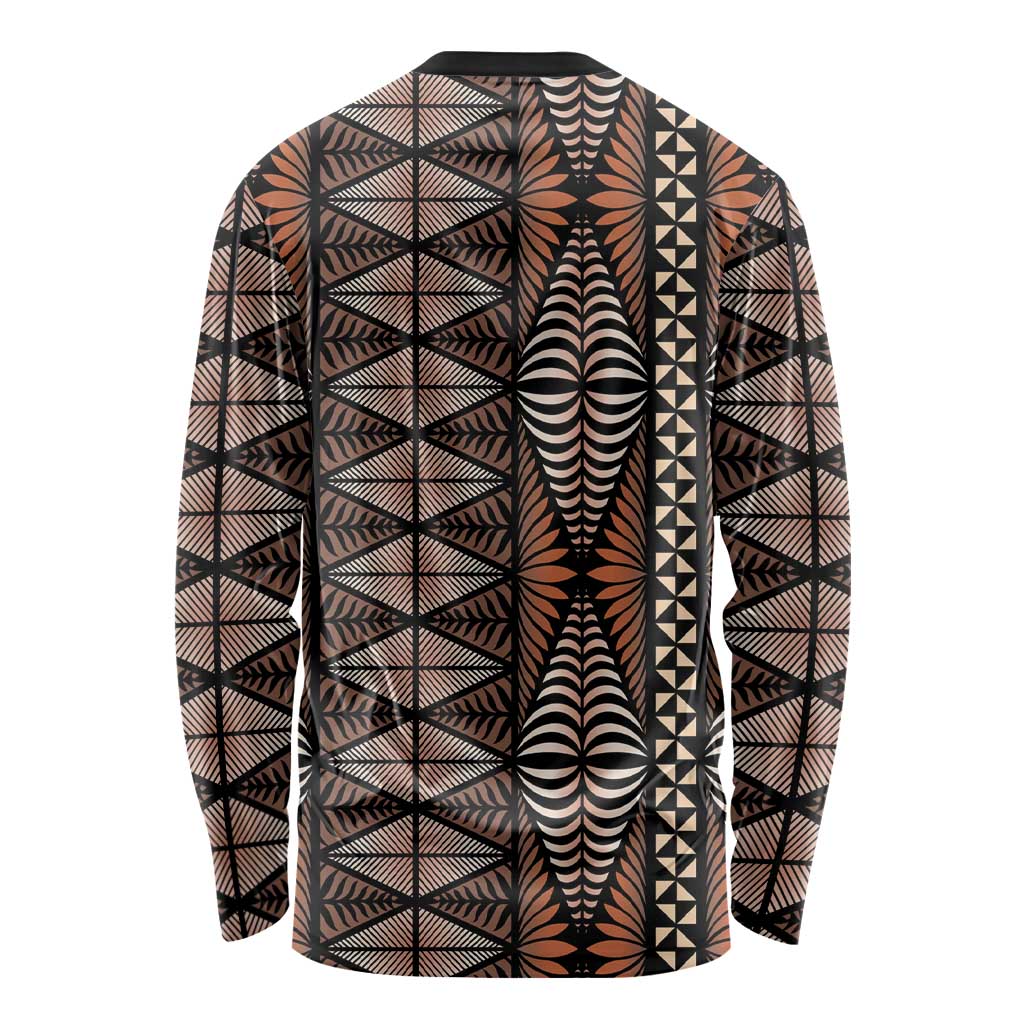 Malo e lelei Tonga Long Sleeve Shirt Tongan Ngatu Vintage Brown LT14 - Polynesian Pride