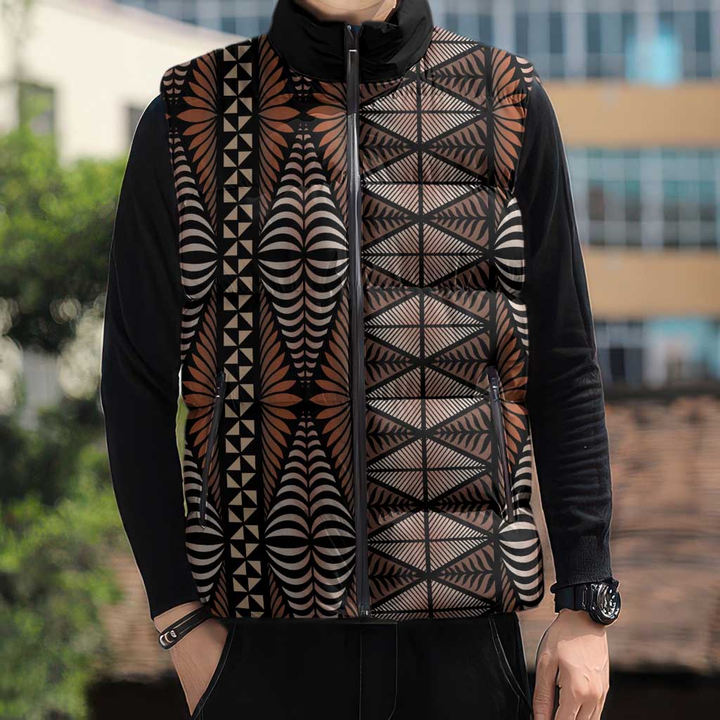 Malo e lelei Tonga Sleeveless Puffer Jacket Tongan Ngatu Vintage Brown - Polynesian Pride