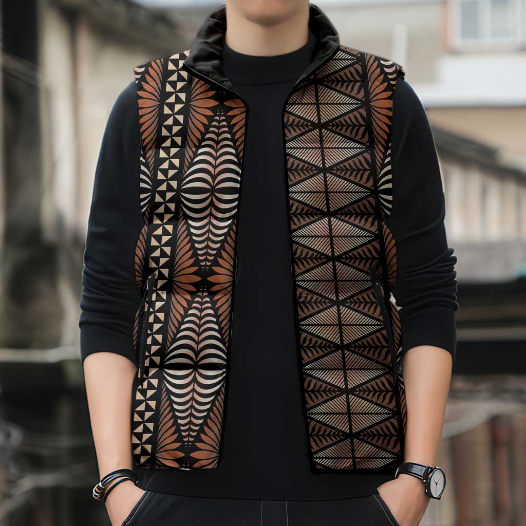 Malo e lelei Tonga Sleeveless Puffer Jacket Tongan Ngatu Vintage Brown - Polynesian Pride