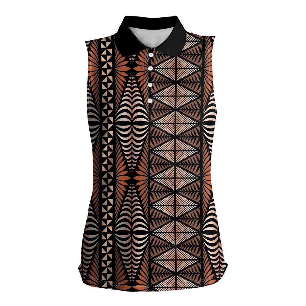 Malo e lelei Tonga Women Sleeveless Polo Shirt Tongan Ngatu Vintage Brown - Polynesian Pride