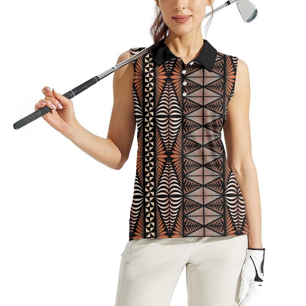 Malo e lelei Tonga Women Sleeveless Polo Shirt Tongan Ngatu Vintage Brown - Polynesian Pride