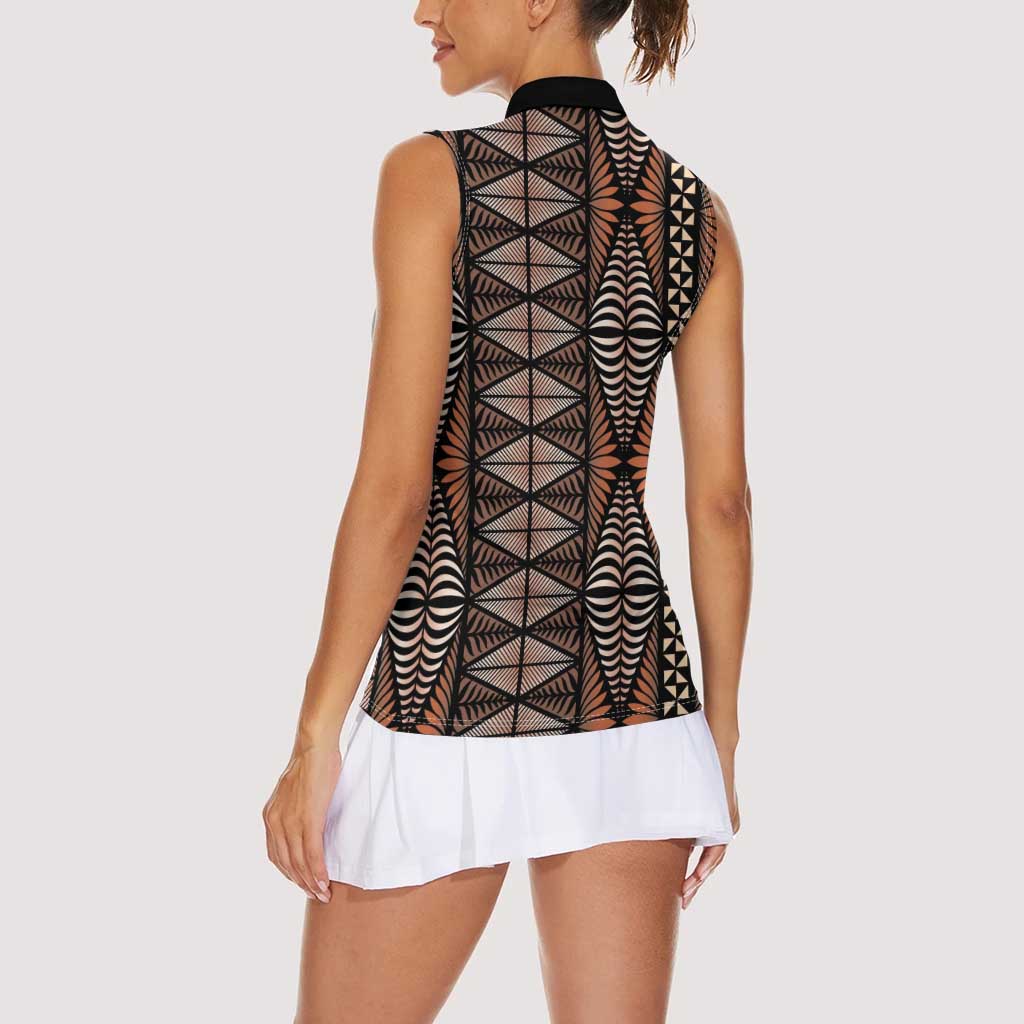 Malo e lelei Tonga Women Sleeveless Polo Shirt Tongan Ngatu Vintage Brown - Polynesian Pride