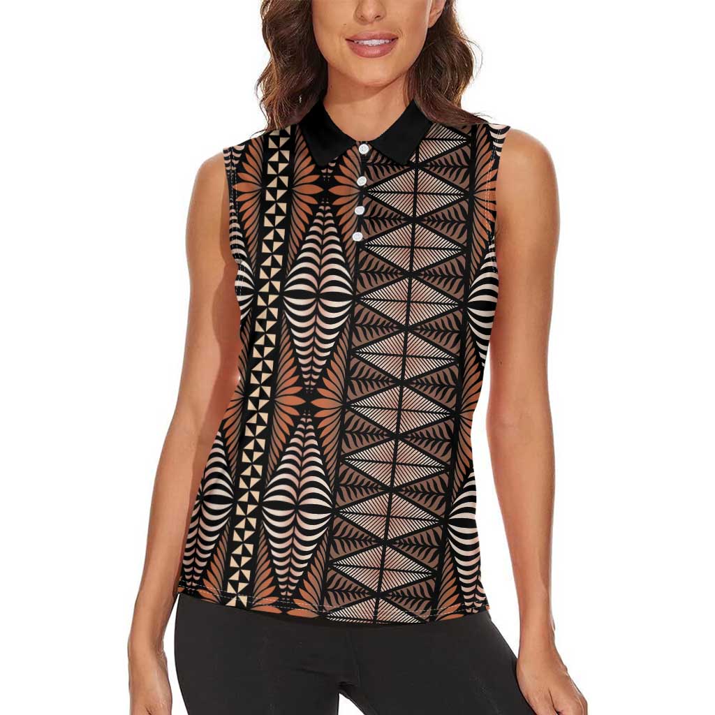 Malo e lelei Tonga Women Sleeveless Polo Shirt Tongan Ngatu Vintage Brown - Polynesian Pride