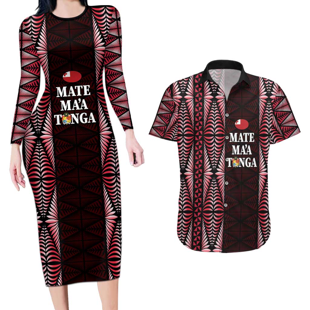 Tonga Rugby Personalised Couples Matching Long Sleeve Bodycon Dress and Hawaiian Shirt 2025 Mate Maa Tonga Ngatu Motif - Polynesian Pride