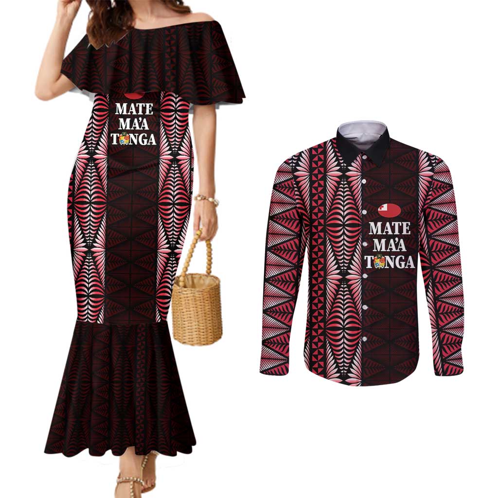 Tonga Rugby Personalised Couples Matching Mermaid Dress and Long Sleeve Button Shirt 2025 Mate Maa Tonga Ngatu Motif - Polynesian Pride