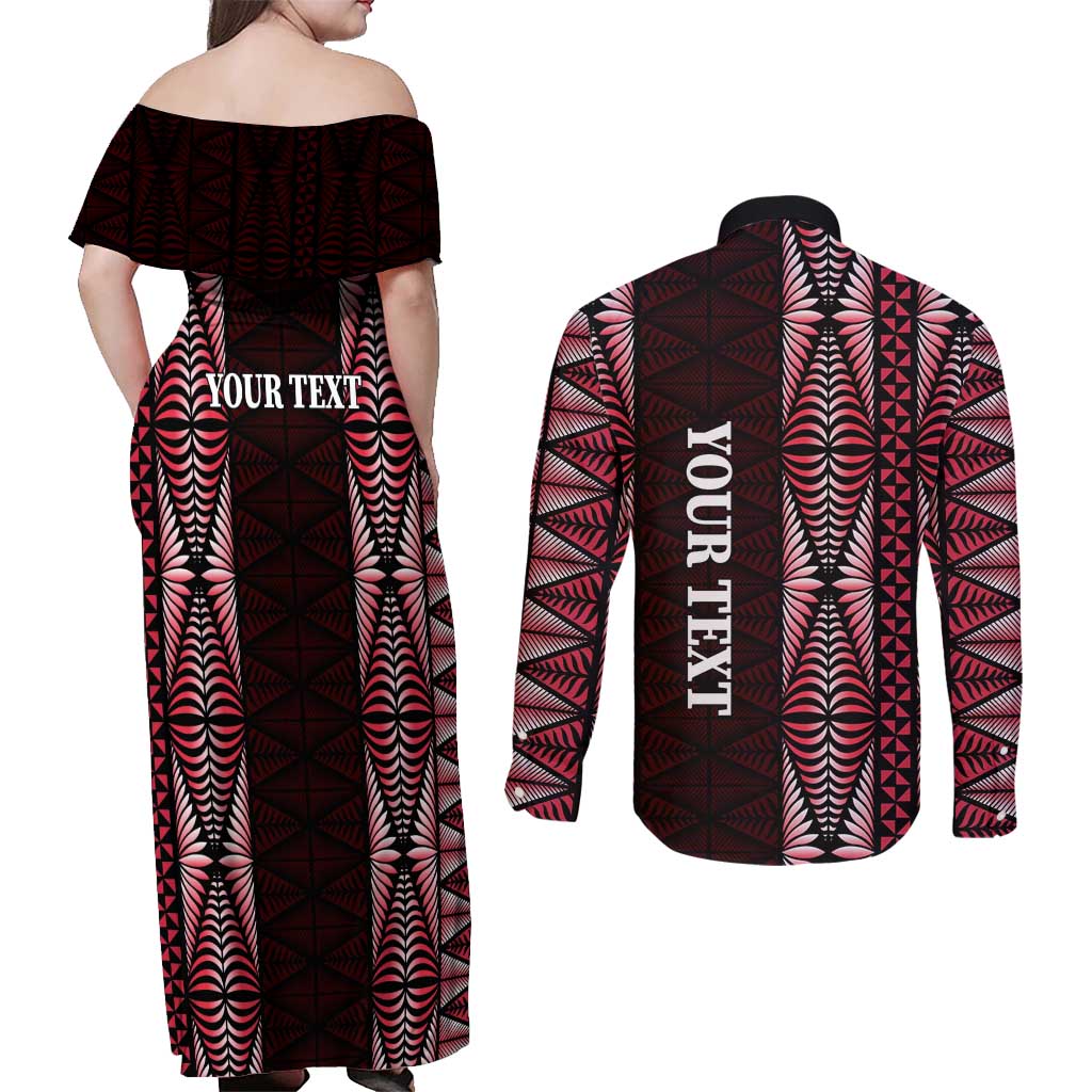 Tonga Rugby Personalised Couples Matching Off Shoulder Maxi Dress and Long Sleeve Button Shirt 2025 Mate Maa Tonga Ngatu Motif - Polynesian Pride