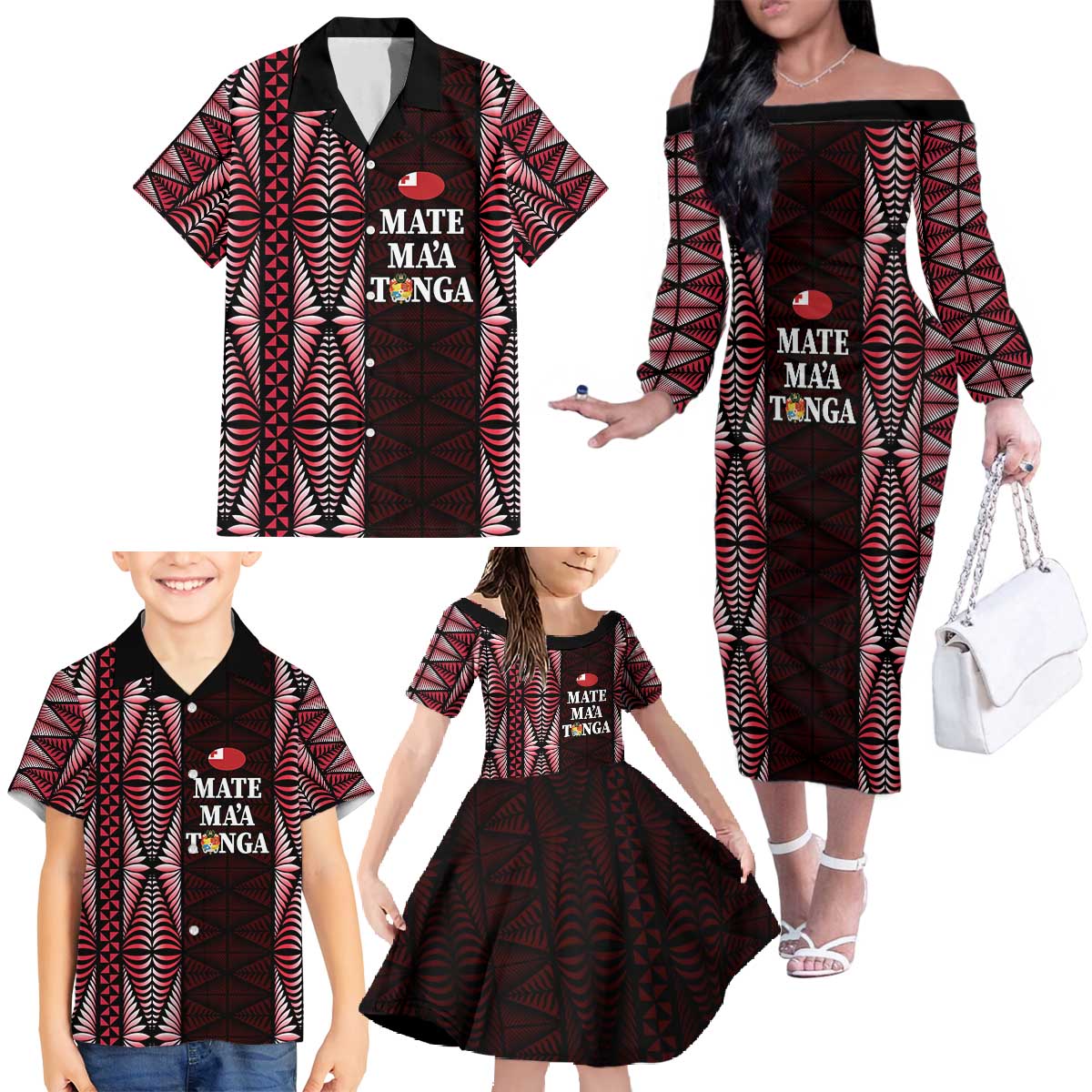 Tonga Rugby Personalised Family Matching Off The Shoulder Long Sleeve Dress and Hawaiian Shirt 2025 Mate Maa Tonga Ngatu Motif - Polynesian Pride