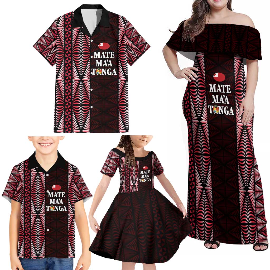 Tonga Rugby Personalised Family Matching Off Shoulder Maxi Dress and Hawaiian Shirt 2025 Mate Maa Tonga Ngatu Motif - Polynesian Pride