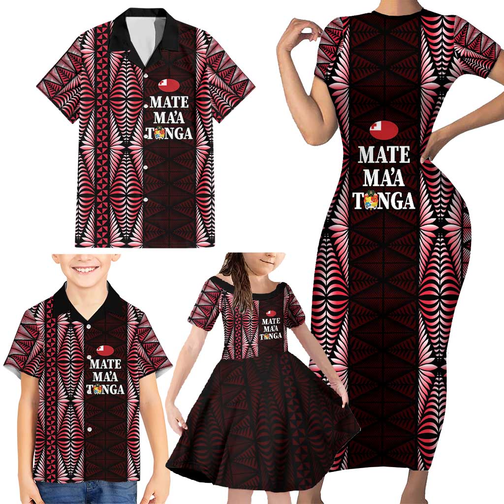 Tonga Rugby Personalised Family Matching Short Sleeve Bodycon Dress and Hawaiian Shirt 2025 Mate Maa Tonga Ngatu Motif - Polynesian Pride