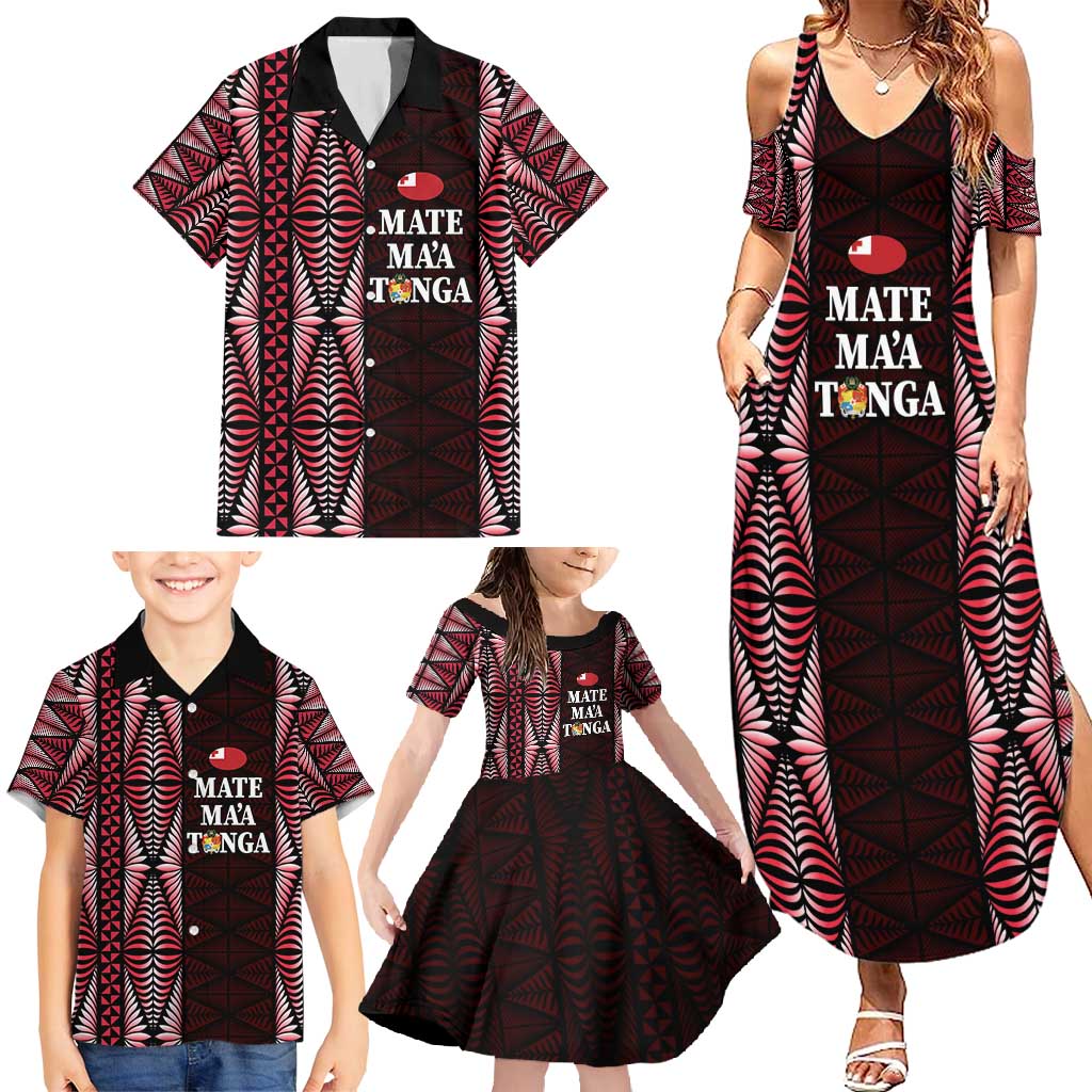 Tonga Rugby Personalised Family Matching Summer Maxi Dress and Hawaiian Shirt 2025 Mate Maa Tonga Ngatu Motif - Polynesian Pride