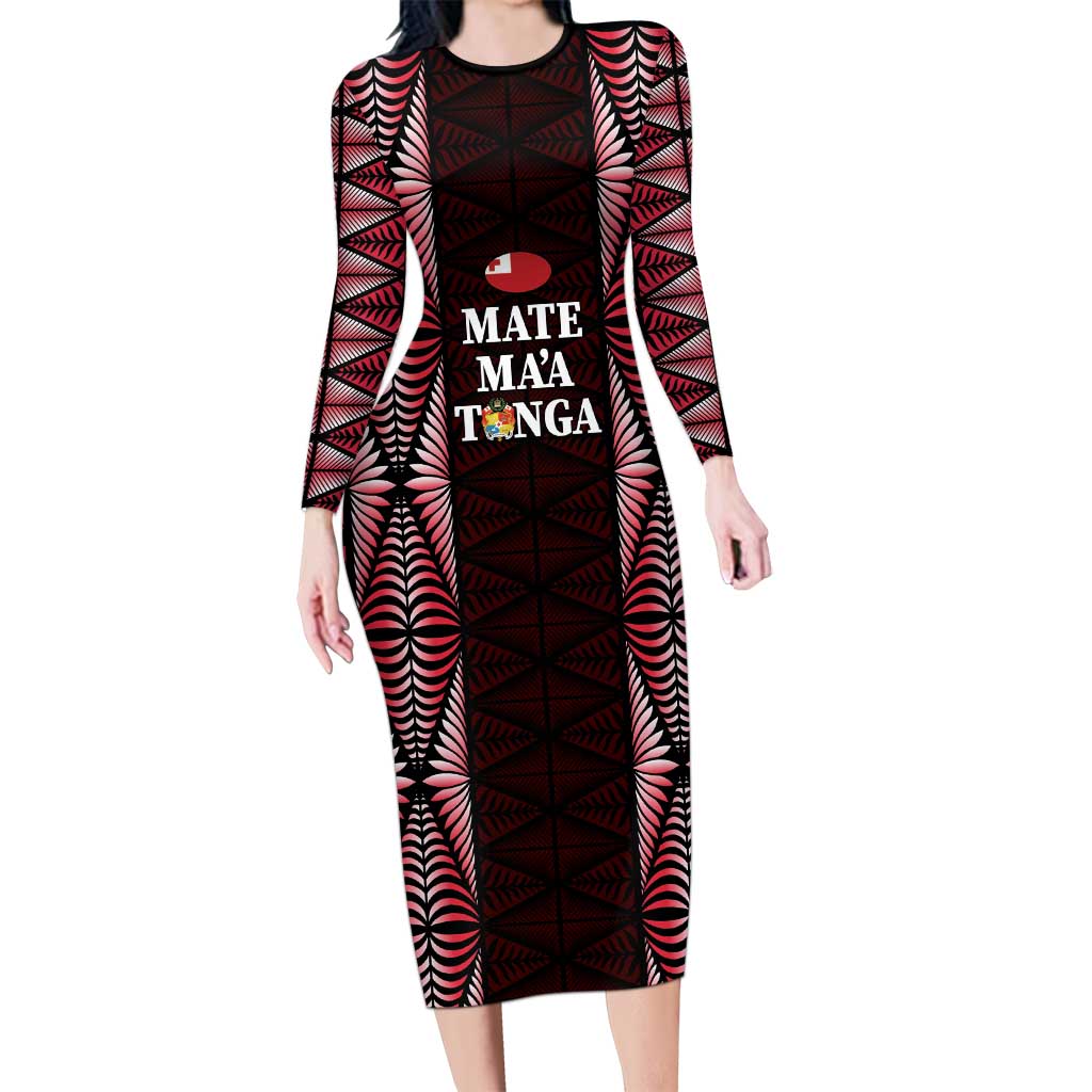 Tonga Rugby Personalised Long Sleeve Bodycon Dress 2025 Mate Maa Tonga Ngatu Motif - Polynesian Pride