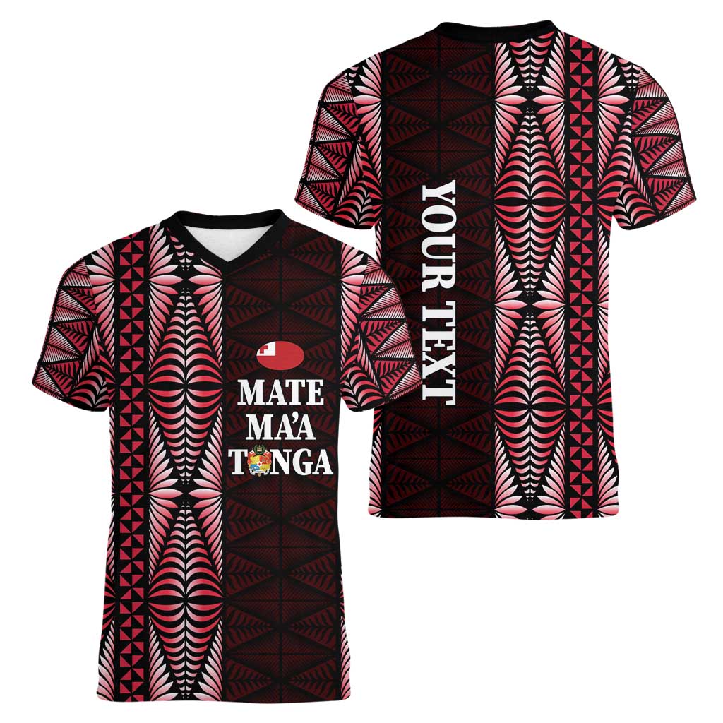 Tonga Rugby Personalised Women V-Neck T-Shirt 2025 Mate Maa Tonga Ngatu Motif - Polynesian Pride