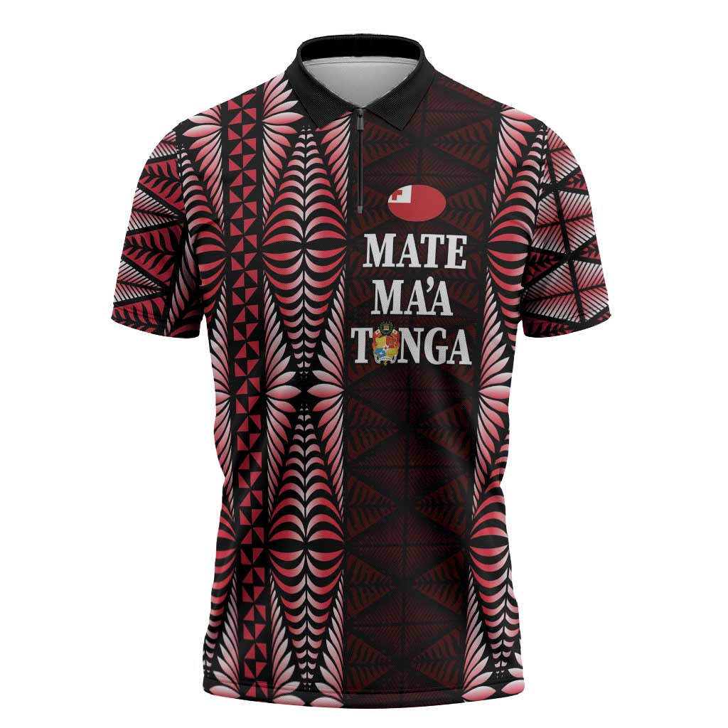 Tonga Rugby Personalised Zipper Polo Shirt 2025 Mate Maa Tonga Ngatu Motif - Polynesian Pride