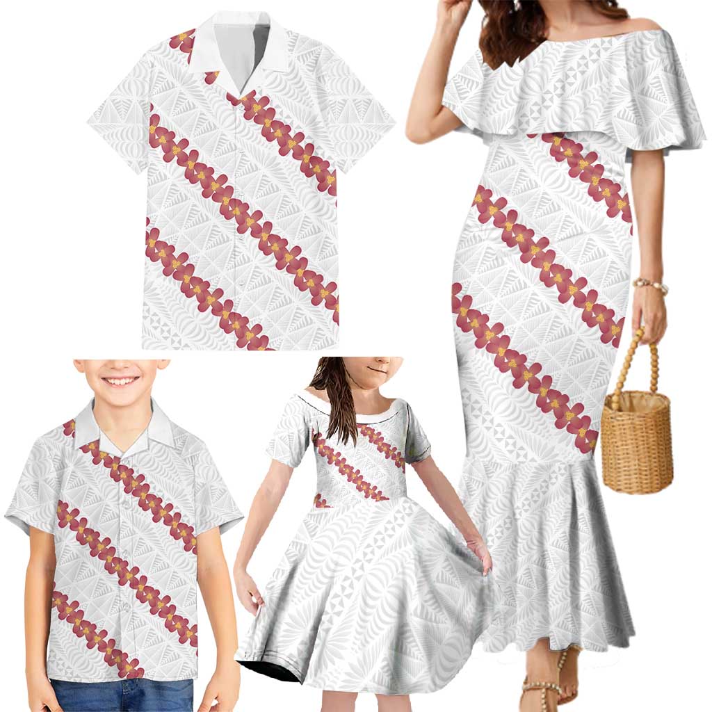 White Sunday Tonga Fakame Family Matching Mermaid Dress and Hawaiian Shirt Tongan Ngatu Heilala Lei - Polynesian Pride