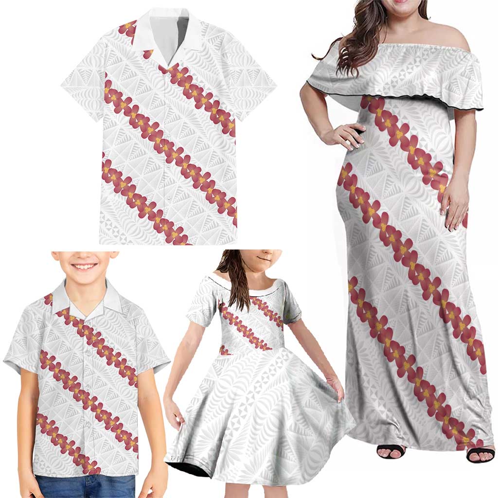 White Sunday Tonga Fakame Family Matching Off Shoulder Maxi Dress and Hawaiian Shirt Tongan Ngatu Heilala Lei - Polynesian Pride