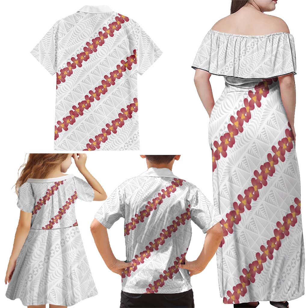 White Sunday Tonga Fakame Family Matching Off Shoulder Maxi Dress and Hawaiian Shirt Tongan Ngatu Heilala Lei - Polynesian Pride