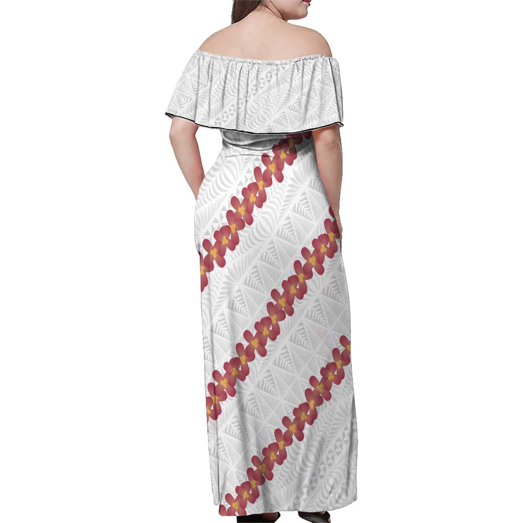 White Sunday Tonga Fakame Family Matching Off Shoulder Maxi Dress and Hawaiian Shirt Tongan Ngatu Heilala Lei - Polynesian Pride