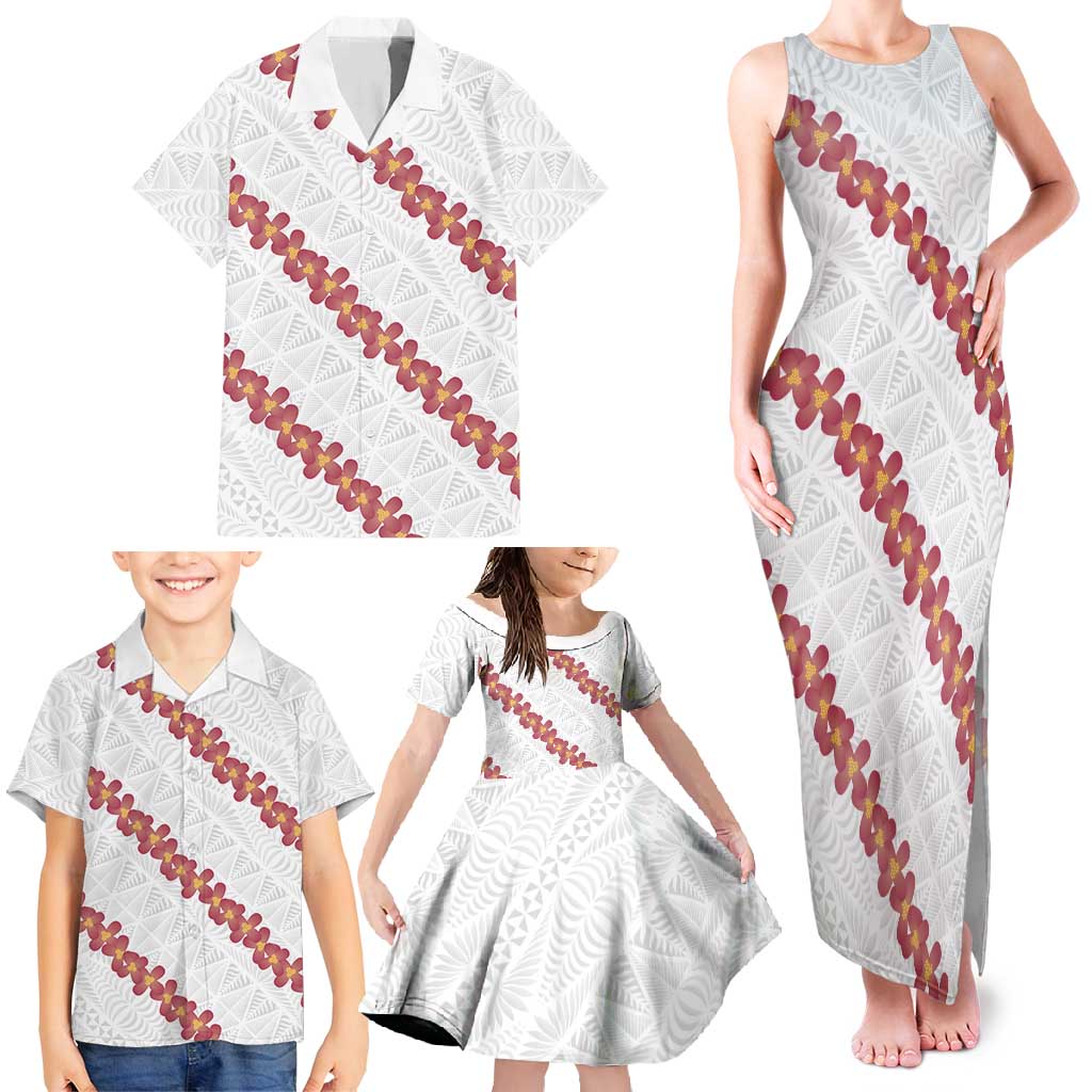 White Sunday Tonga Fakame Family Matching Tank Maxi Dress and Hawaiian Shirt Tongan Ngatu Heilala Lei - Polynesian Pride