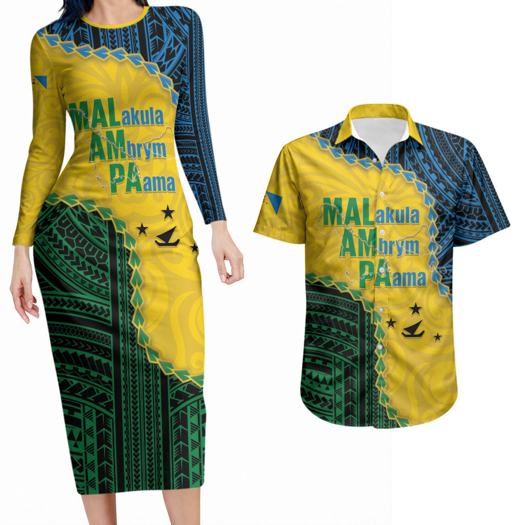 Personalised Malampa Province Vanuatu Couples Matching Long Sleeve Bodycon Dress and Hawaiian Shirt Map With Polynesian Pattern LT14 Multicolor - Polynesian Pride