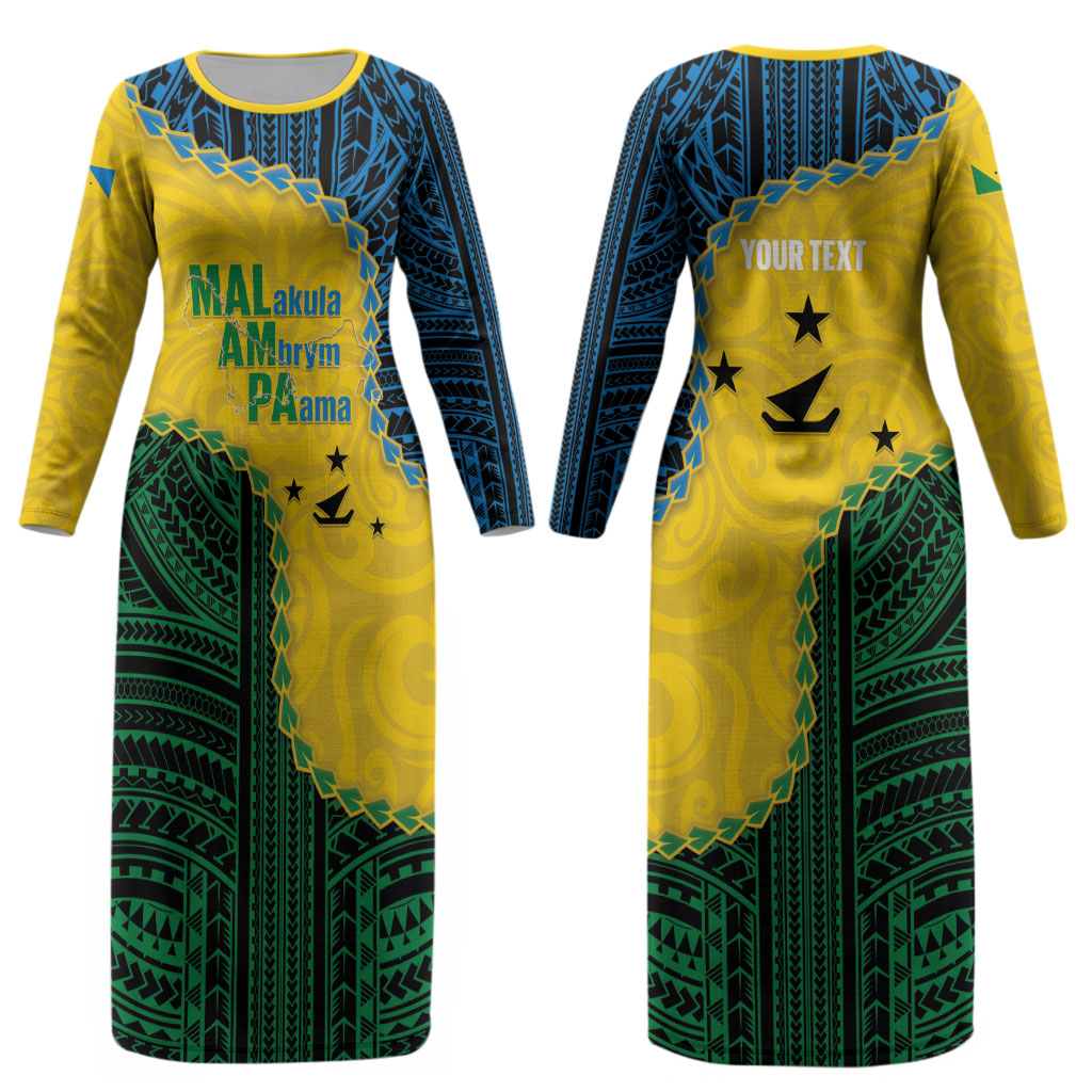 Personalised Malampa Province Vanuatu Couples Matching Long Sleeve Bodycon Dress and Hawaiian Shirt Map With Polynesian Pattern LT14 - Polynesian Pride