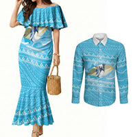 Aloha Hawaii Humuhumu Reef Triggerfish Couples Matching Mermaid Dress and Long Sleeve Button Shirt Hawaiian Leis Kakau Pattern LT14 Blue - Polynesian Pride