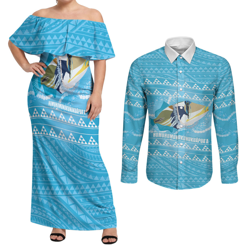 Aloha Hawaii Humuhumu Reef Triggerfish Couples Matching Off Shoulder Maxi Dress and Long Sleeve Button Shirt Hawaiian Leis Kakau Pattern LT14 Blue - Polynesian Pride