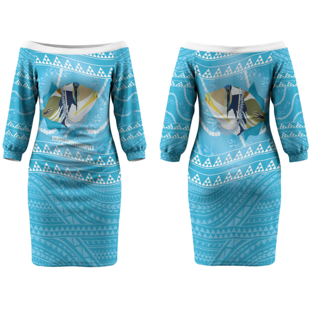Aloha Hawaii Humuhumu Reef Triggerfish Couples Matching Off The Shoulder Long Sleeve Dress and Long Sleeve Button Shirt Hawaiian Leis Kakau Pattern LT14 - Polynesian Pride