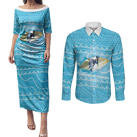 Aloha Hawaii Humuhumu Reef Triggerfish Couples Matching Puletasi and Long Sleeve Button Shirt Hawaiian Leis Kakau Pattern LT14 Blue - Polynesian Pride