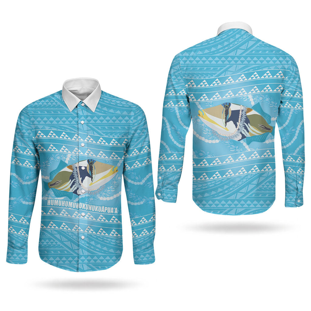 Aloha Hawaii Humuhumu Reef Triggerfish Couples Matching Puletasi and Long Sleeve Button Shirt Hawaiian Leis Kakau Pattern LT14 - Polynesian Pride