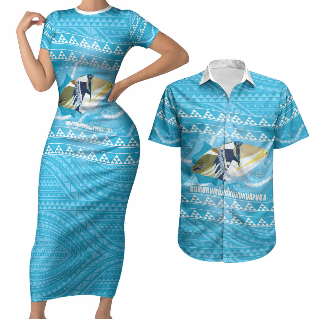 Aloha Hawaii Humuhumu Reef Triggerfish Couples Matching Short Sleeve Bodycon Dress and Hawaiian Shirt Hawaiian Leis Kakau Pattern LT14 Blue - Polynesian Pride