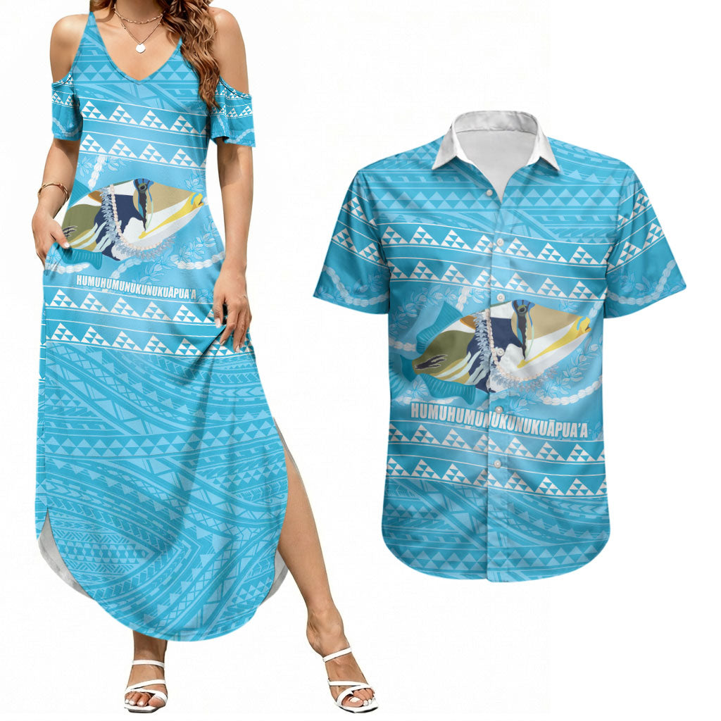 Aloha Hawaii Humuhumu Reef Triggerfish Couples Matching Summer Maxi Dress and Hawaiian Shirt Hawaiian Leis Kakau Pattern LT14 Blue - Polynesian Pride